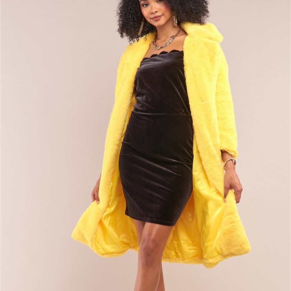 Yellow Long Sleeve Open Front Faux Fur Coat - Picture 3 of 3
